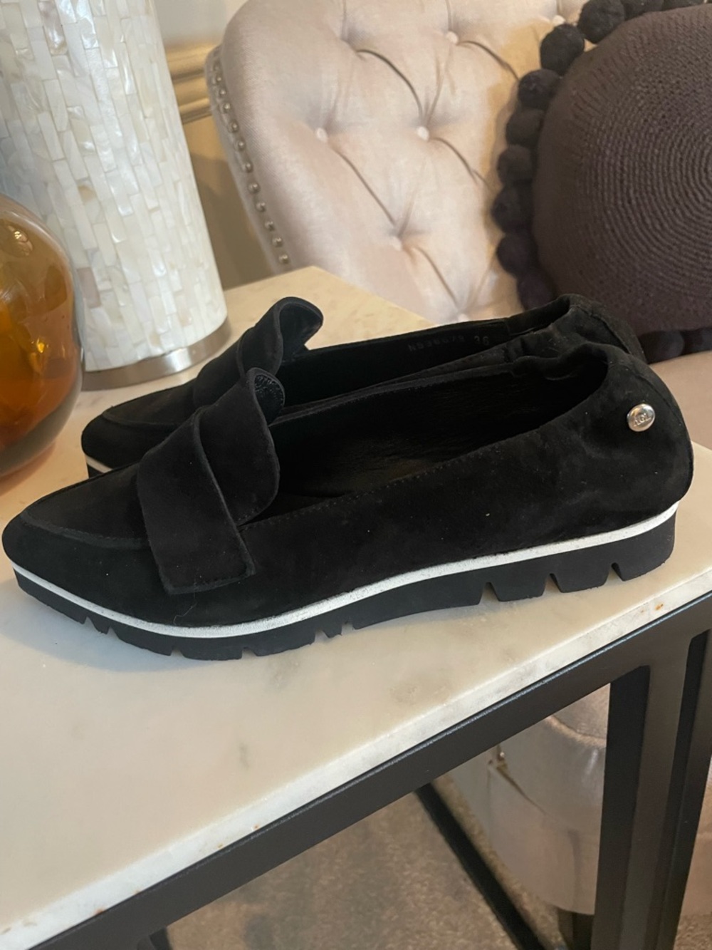 AGL Black Suede Pointed Loafer with White Trim - Picture 6 of 10